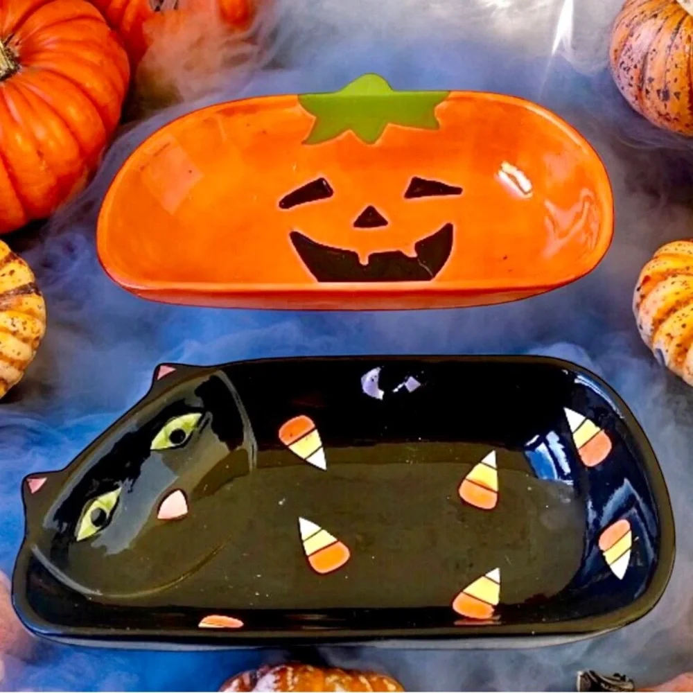 Halloween 🎃 Candy Dishes Tien Hsing Vintage Black Cat + Pumpkin 2 dishes